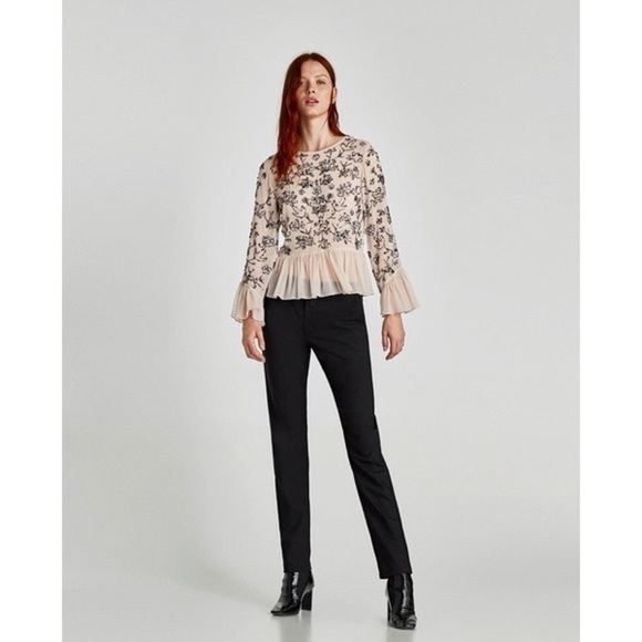 Zara Tops - ZARA Embroidered Sequin Top with Ruffle Sleeves Size XS